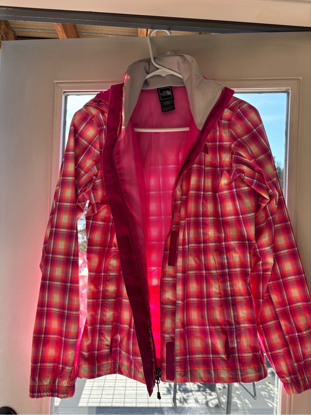The North Face Pink Plaid Hooded Puffer Jacket - Picture 2 of 5